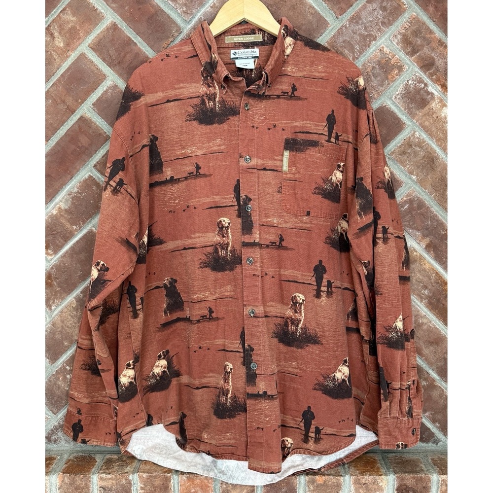 Mens XXL Columbia River Lodge Shirt‎ Labrador Hunting Bird Dog Brown Long Sleeve
